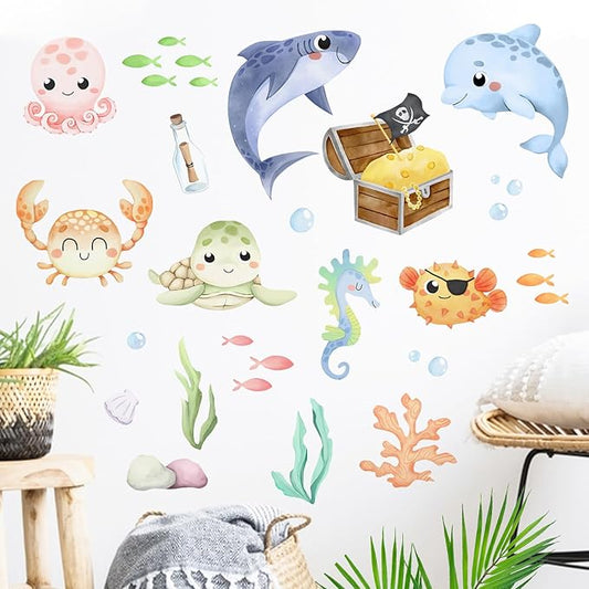 Mfault Under The Sea Ocean Creature Wall Decal Stickers, Coastal Shark Dolphin Octopus Crab Turtle Sea Horse Fish Nursery Decoration Bedroom Art, Marine Animal Treasure Beach Toddler Kids Room Decor