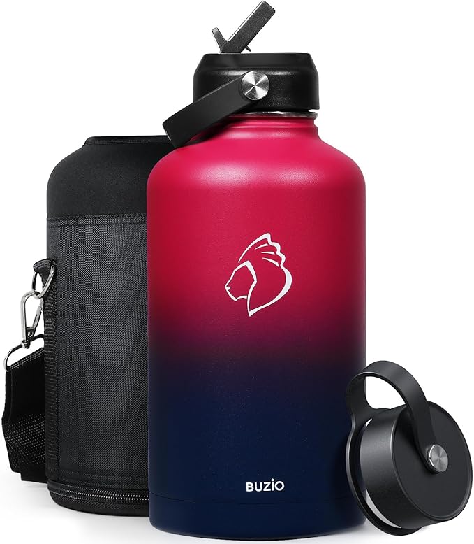 BUZIO 64oz Insulated Water Bottle Stainless Steel Double Wall Leak Proof Half Gallon with Straw Lid and Flex Cap (Cold for 48 Hrs) Sports Flask Metal Travel Mug for Hiking Cycling, Ruby Red Navy