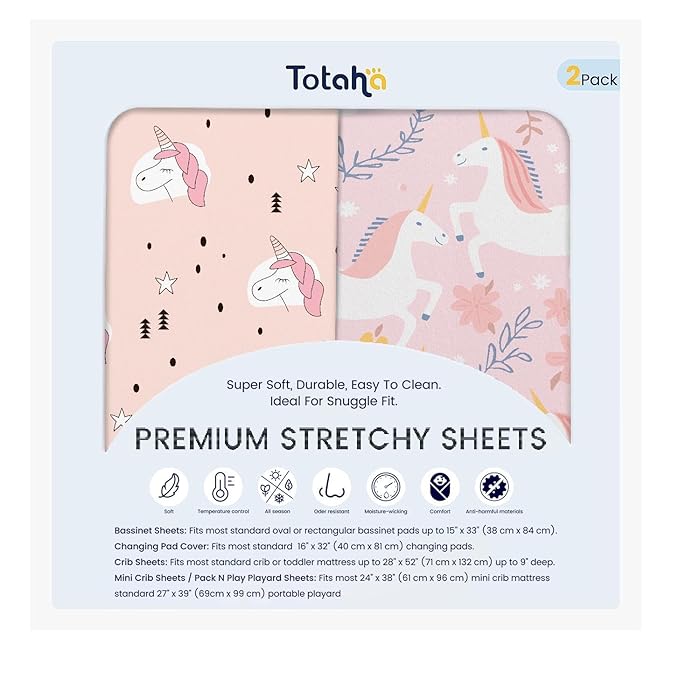 TotAha Premium Soft Unicorn Pack n Play Sheets, Super Stretchy Jersey Knit Mini Crib Sheets Fitted, Silky Comfort Graco Pack and Play Mattress Sheets, 2 Pack