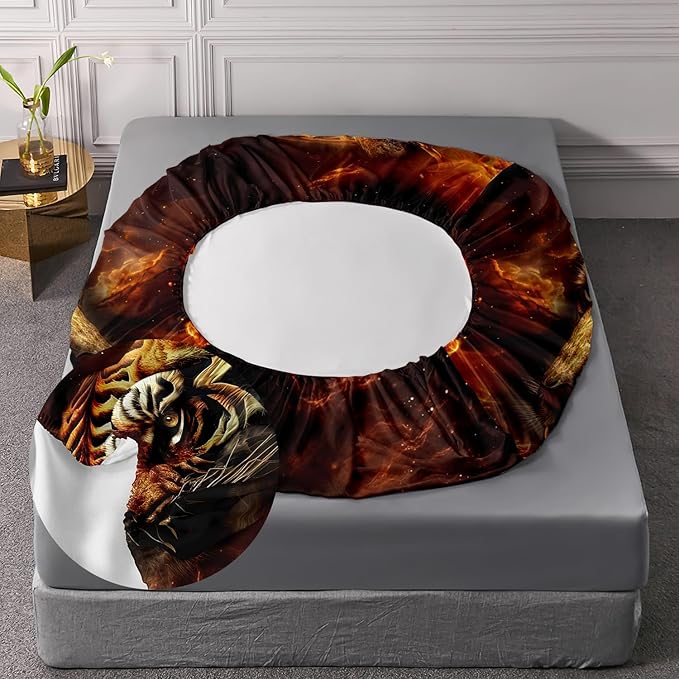 AILONEN Tiger Fitted Sheet Set Full Size, 3D Fire Animal Tiger Bed Sheet Wildlife Sheet Set,Teen Boys 3 Pieces Printed Safari Tiger Fitted Sheet with 2 Pillowcases