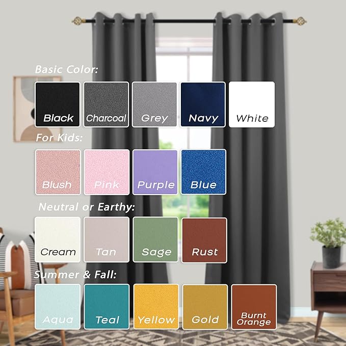 Mrs.Naturall 90 Inch Curtains,Blackout Grommet Thermal Black Out Drapes 90 Inch Length 2 Panels Set for Living Room Bedroom,Dark Grey