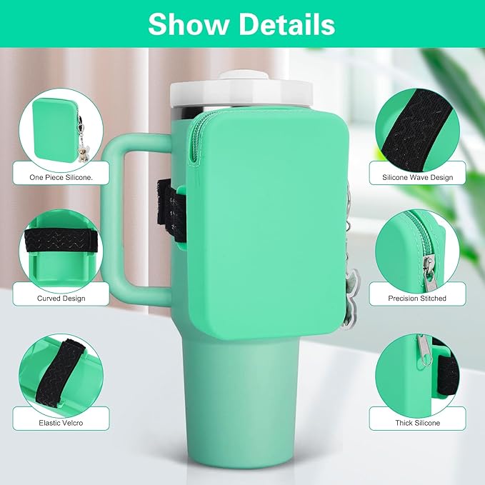 Water Bottle Pouch for Stanley Tumbler,Silicone Waterproof Fanny Pack for Stanley Cup 30/40oz Universal,Large Capacity Durable Tumbler Pouch-Mint Green