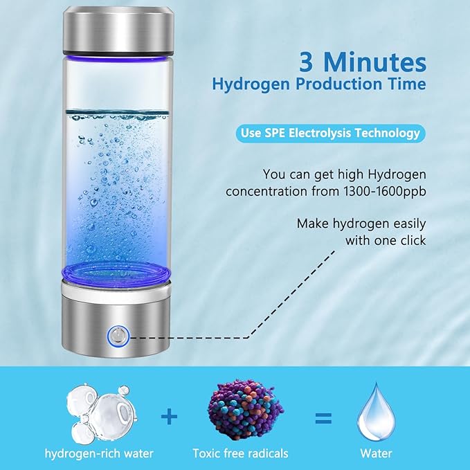 Hydrogen Water Bottle, Portable Rechargeable Hydrogen Water Bottle Generator [Gifts for Him Her], Hydrogen Water Machine for Home Travel Office Exercise (Silver)