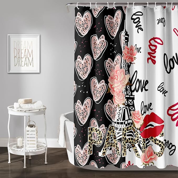 AILONEN Heart Love Shower Curtain for Bathroom, Black and White Eiffel Tower Print Bath Curtain,Pink Hearts Girls Women Shower Curtain Decoration Waterproof with 12 Plastic Hooks, 72" W*72" H