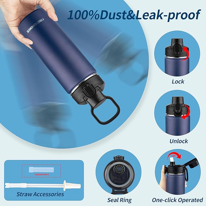 Insulated water bottle with Straw,18oz Stainless Steel Water Bottle for Adult Kids,Double Wall Vacuum Wide Mouth Insulated Water Bottle for School,BPA-free and Leak-proof（18oz,Navy blue）