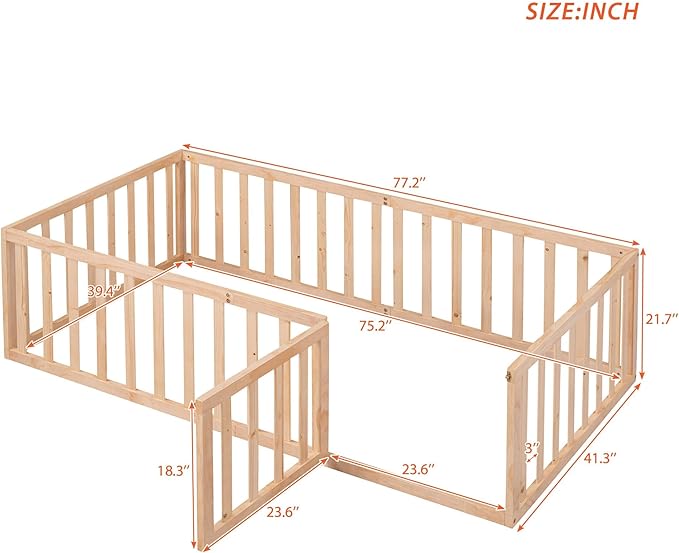 Twin Size Floor Bedframe with Door and Safety Guardrails Fence, Solid Wooden Toddler Montessori Platform Bed for Children Bedroom, Boys Girls, Kids Playroom