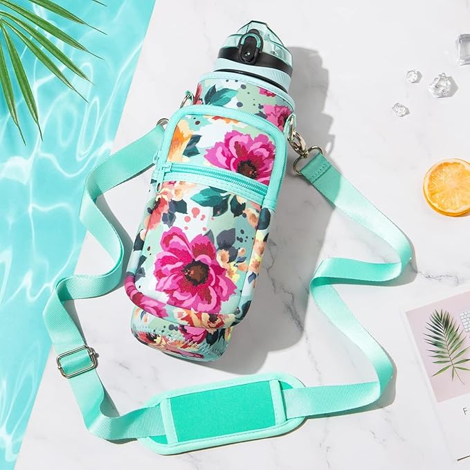 Fimibuke 32 oz Water Bottle with Sleeve - BPA Free Leakproof Sport Large 1L Plastic Motivational Water Bottle with Straw Strap & Insulated Neoprene Holder Carrier Bag Great Xmas Gift for Women Men