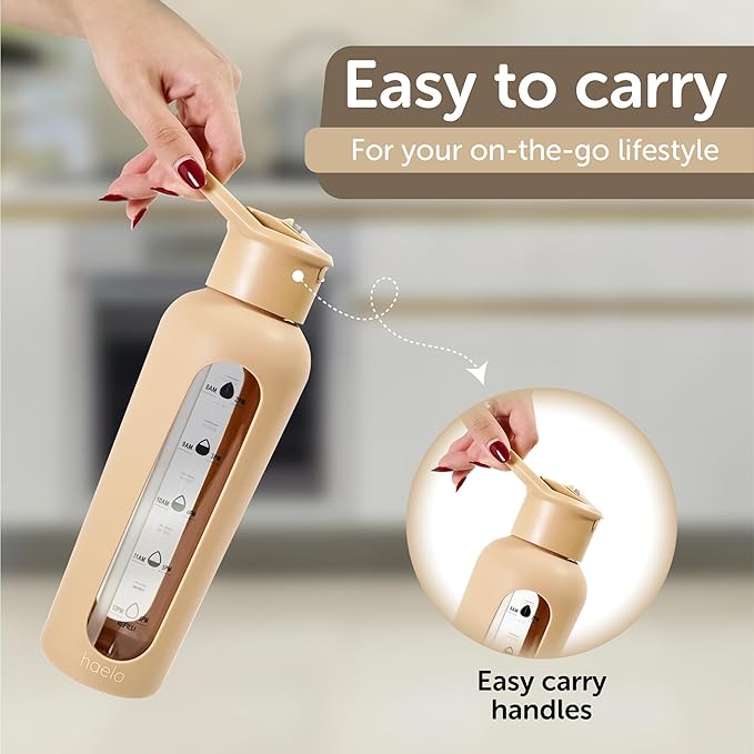 24oz Glass Motivational Water Bottle with Flip Lid Straw, Silicone Protective Sleeve, Handle, Reusable BPA Free (Amber)