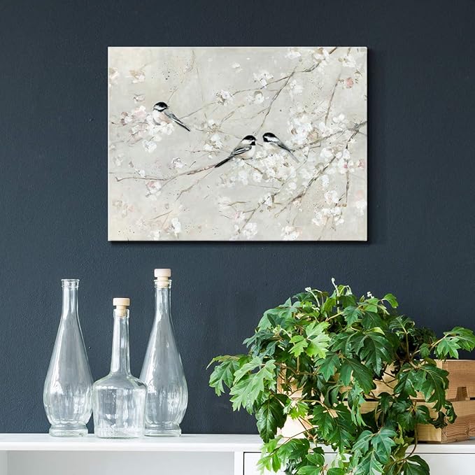 Renditions Gallery Canvas Nature Wall Art Modern Decorations Paintings Elegant Little Birds Glam Romantic Abstract Botanical Artwork Prints for Bedroom Office Kitchen - 18"x27" LT33