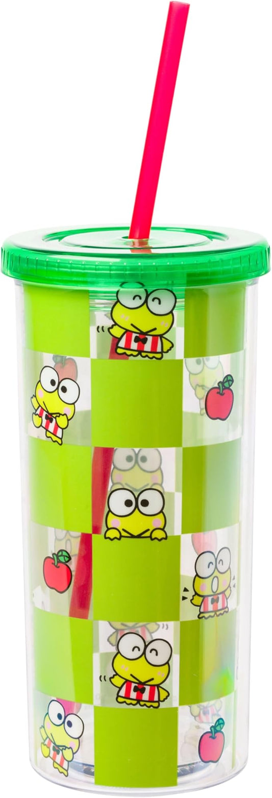 Silver Buffalo Sanrio Hello Kitty and Friends Keroppi Green Checkered Plastic Cold Cup with Lid and Straw, 20 Ounces