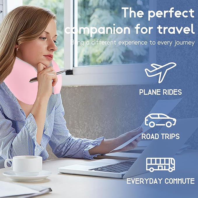 Travel Neck Pillow, Curved Ergonomic Design, Ice Silk Fabric is Comfortable and Breathable, The Pillowcase is Removable. Comes with Portable Storage Bag and Ear Plugs (Pink)