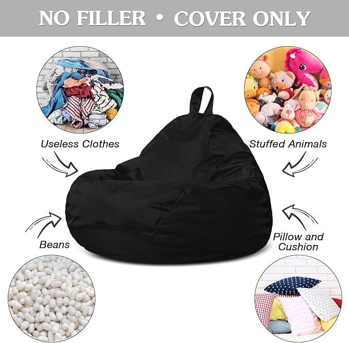Meonum Bean Bag Chair Cover(No Filler) for Kids Stuffed Storage Bean Bag Chair Cover with Inner Liners for Easy Cleaning Bean Bag for Organizing Children (Black,27.6 x 31.5 Inch)