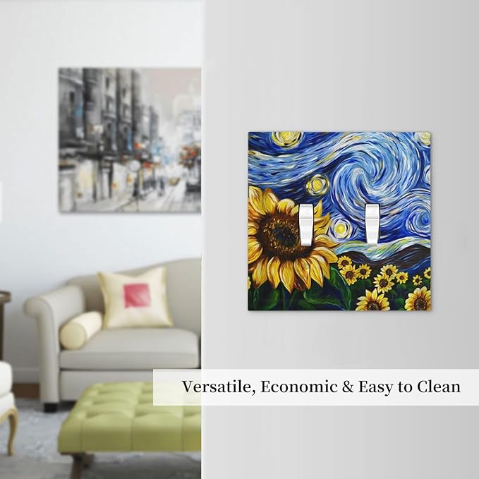 Vintage Abstract Blue Starry Sunflower Double Toggle Light Switch Covers 2 Gang Wall Plate Dual Decorative Switchplate Electrical Faceplate for Farmhouse Country Bedroom Decor