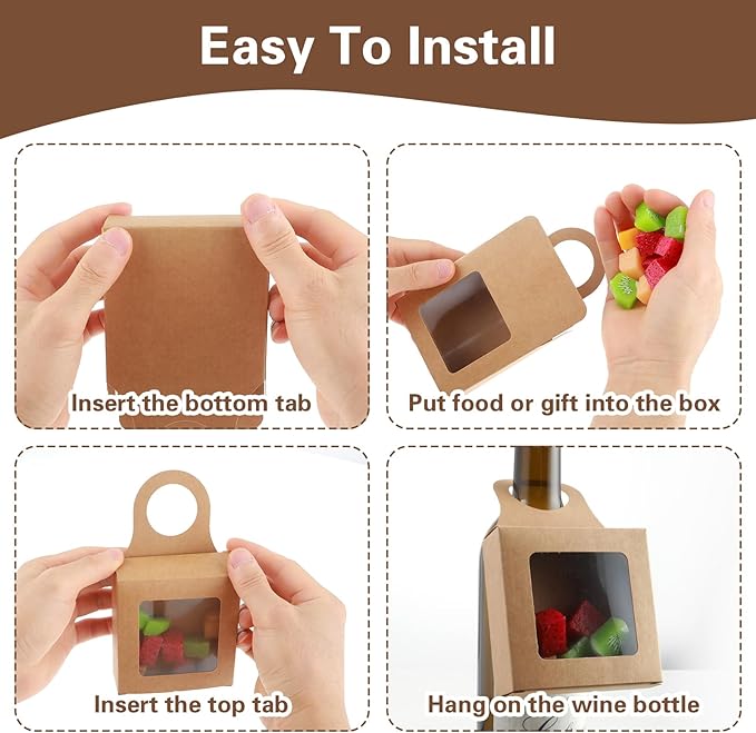 Sibba 20Count Kraft Paper Wine Bottle Box with Window Handles Hanging Foldable Gift Wine Sets Folding Kraft Bags for Kitchen Christmas Dining Engagement