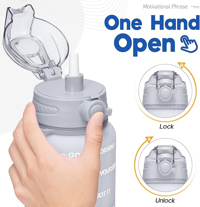 Water Bottles 1 / Half Gallon with Time Marker and Straw, Large Fitness Sports Motivational Bottle, Wide Mouth Leakproof and BPA Free for Travel, Gym,office,school