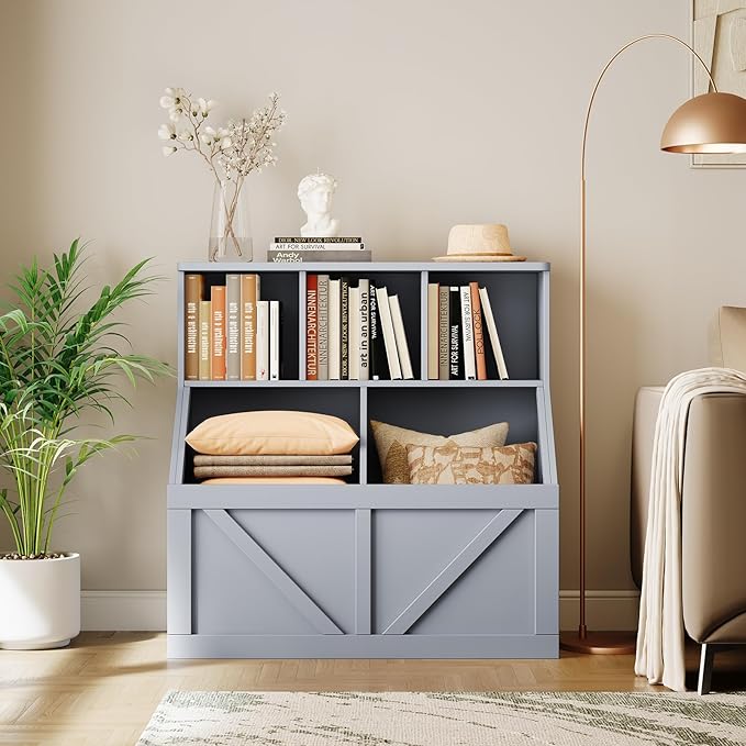 Kids Bookshelf and Toy Storage, Kids Toy Storage Organizer, Toy Storage Cabinet with Toy Shelf, Toddler Bookshelf Toy Organizer and Storage Bins for Playroom, Bedroom, Nursery, Classroom, Daycare