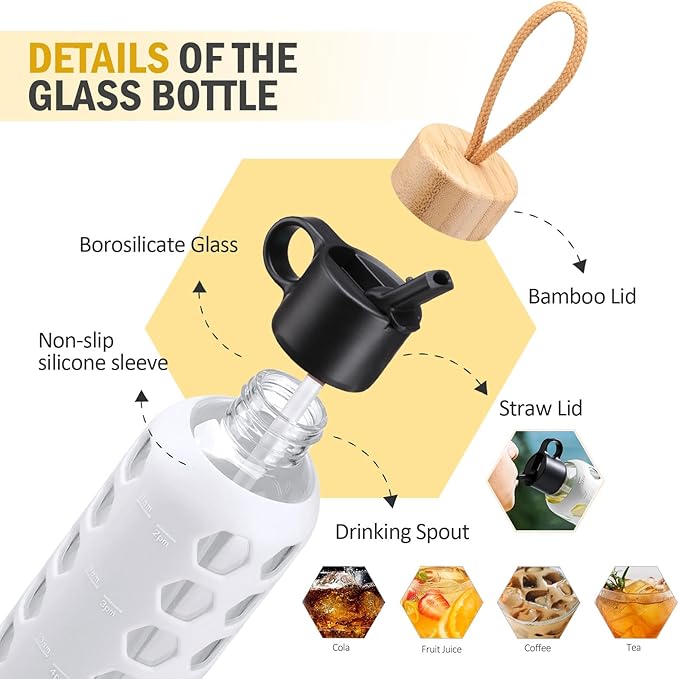 MUKOKO Glass Water Bottles, 32oz Glass Tumbler, Drinking Bottles with 2 Lids-Handle Flip Straw Lid&Bamboo Lid, Motivational Water Bottle with Time Marker and Silicone Sleeve, Leakproof-1 Pack-White