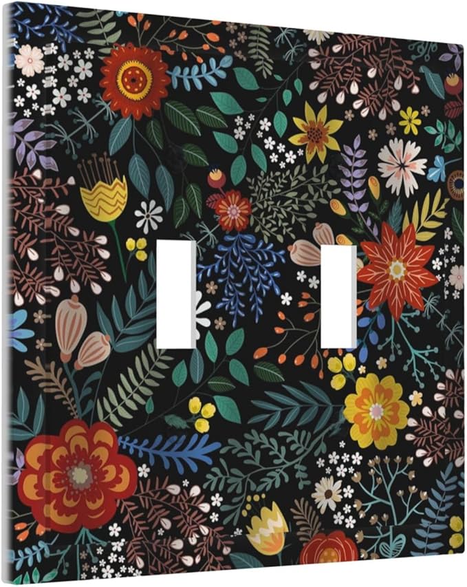 Colorful Flower Boho Floral Rustic Dark Leaves Double Toggle Light Switch Covers 2 Gang Wall Plate Dual Decorative Switchplate Electrical Faceplate for Farmhouse Country Bedroom Kitchen Decor