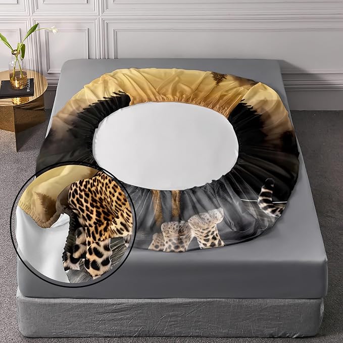 AILONEN Leopard Fitted Sheet Set Full Size, 3D Cheetah Printed Bed Sheet Set,Wildlife Bedding Leopard Sheet Set,Wild Animal Leopard Bed Sheet Set Boys Fitted Sheet with 2 Pillowcases,3 Pieces