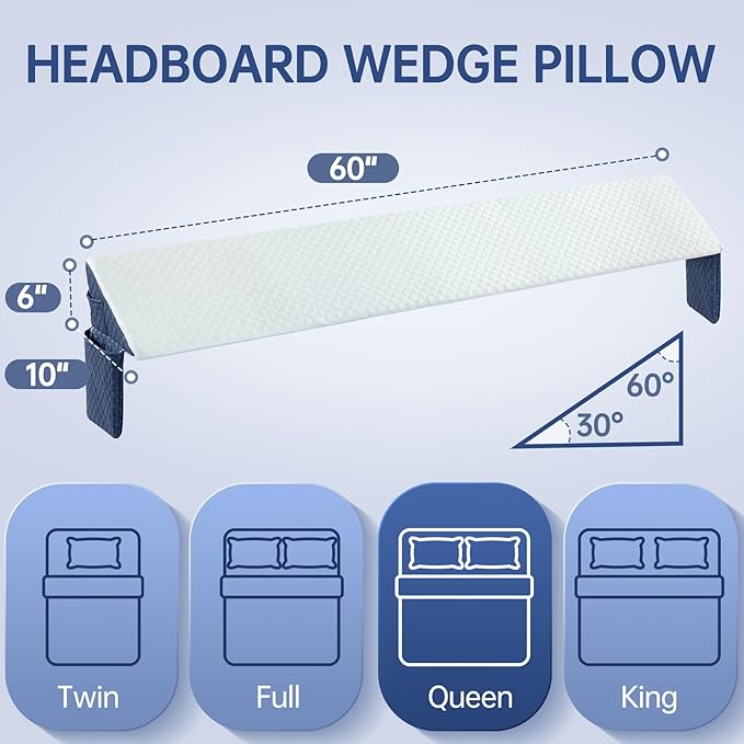 Queen Bed Wedge Pillow for Headboard 60"x 10"x 6" Plus/Mattress Gap Filler Close The Gap (0-6")/Foam Triangle Bloster Wedge Pillow headboard for Headboard Gap Between Mattress and Headboard