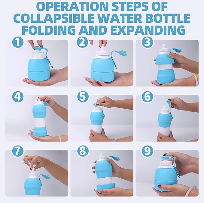 Collapsible Water Bottle, 19.6oz Leakproof Foldable BPA Free Silicone Reusable Sports Bottle, Portable Refillable Bottles with Carabiner, Ideal for Travel Hiking Outdoor Camping Gym (Blue)