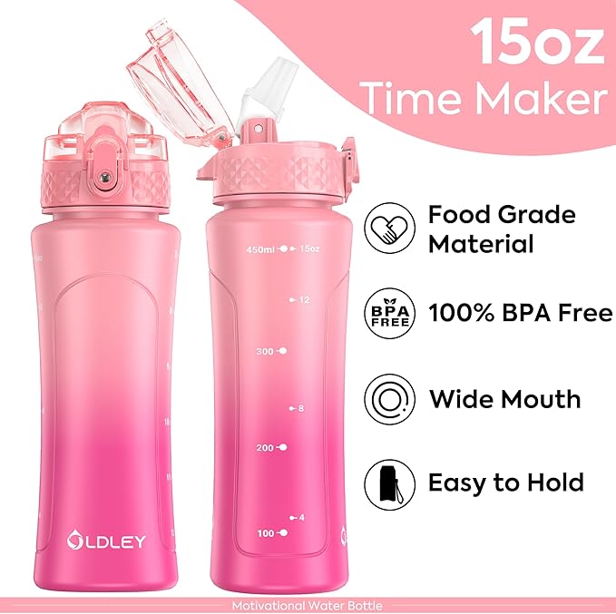 OLDLEY Kids Water Bottle for School with Straw Chug Lid, 15 oz Unbreakable Leak-Proof BPA-Free Motivational Water Bottles with Time Marker for Travel Sports Gym, Pink Purple