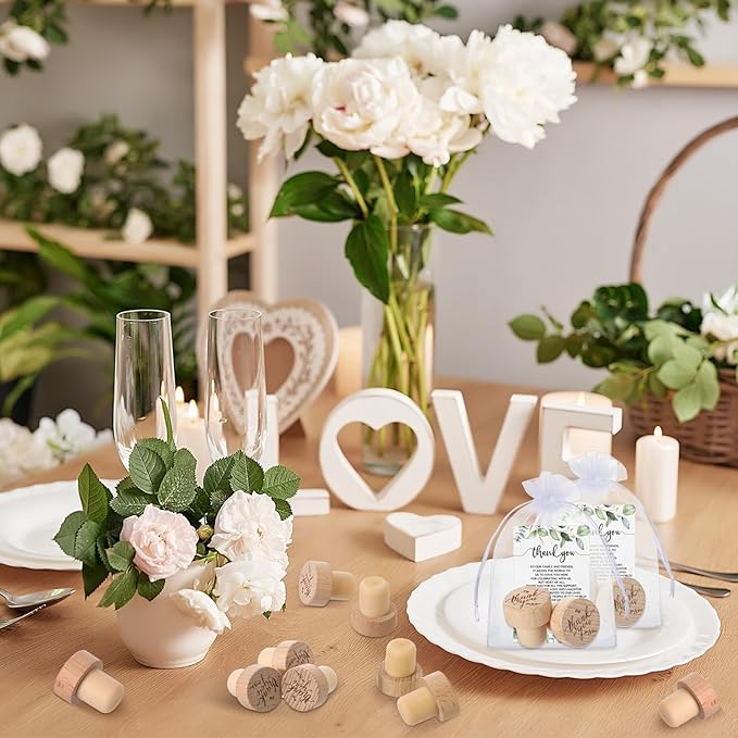 Barydat 50 Sets Wedding Favors for Guests Bulk Engraved Wood Wine Bottle Corks Wine Stopper with Wedding Thank You Cards and Organza Bags Wedding Appreciation Gifts for Guest Thank You Gifts (Stylish)