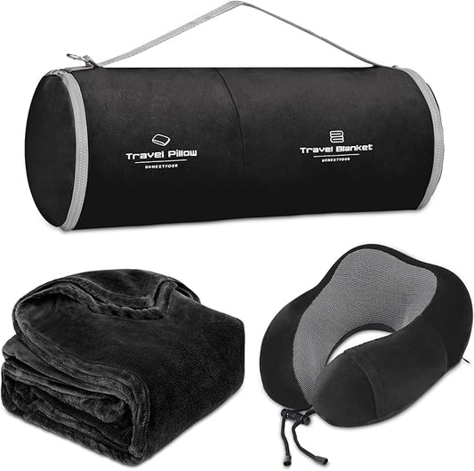 Travel Pillow and Blanket Set Neck Pillow Airplane Memory Foam for Traveling Compact with Bag Black