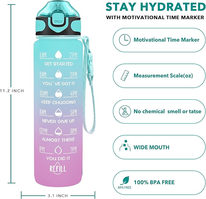 Enerbone 32 oz Drinking Water Bottle with Times to Drink and Straw, Motivational with Carrying Strap, Leakproof BPA & Toxic Free, Ensure You Drink Enough Water for Fitness Gym Outdoor