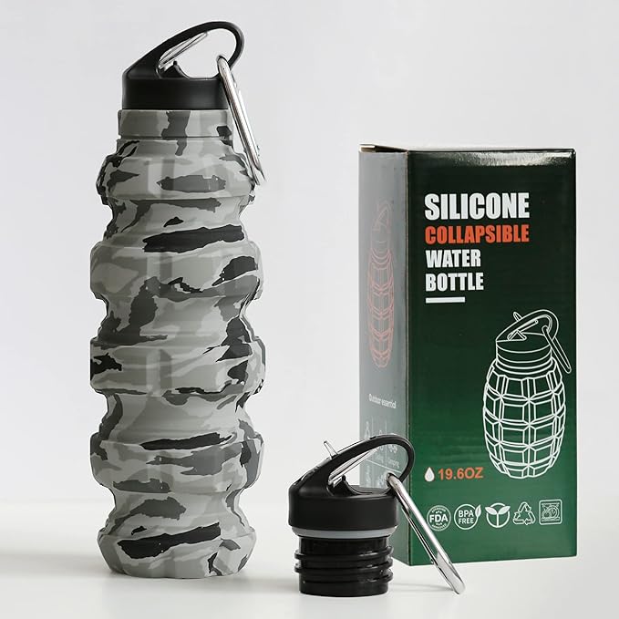 Collapsible Water Bottle 19.6oz - Gift Box, Carabiner, Leak Proof Lid - Collapsible Water Bottles for Traveling - Gifts for Husband & Veterans Day Gift - Reusable & Foldable Gift for Travelers (Gray)