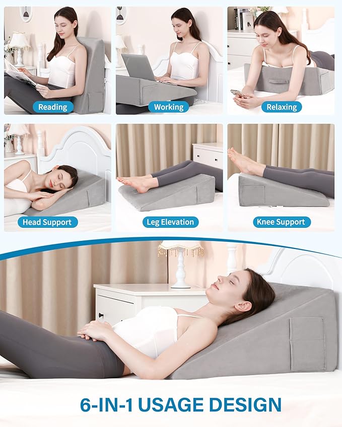 Wedge Pillow for Sleeping, 12 Inch Bed Wedge Pillo, Memory Foam Top Triangle Pillow Wedge for Head, Back, Leg with Washable Cover