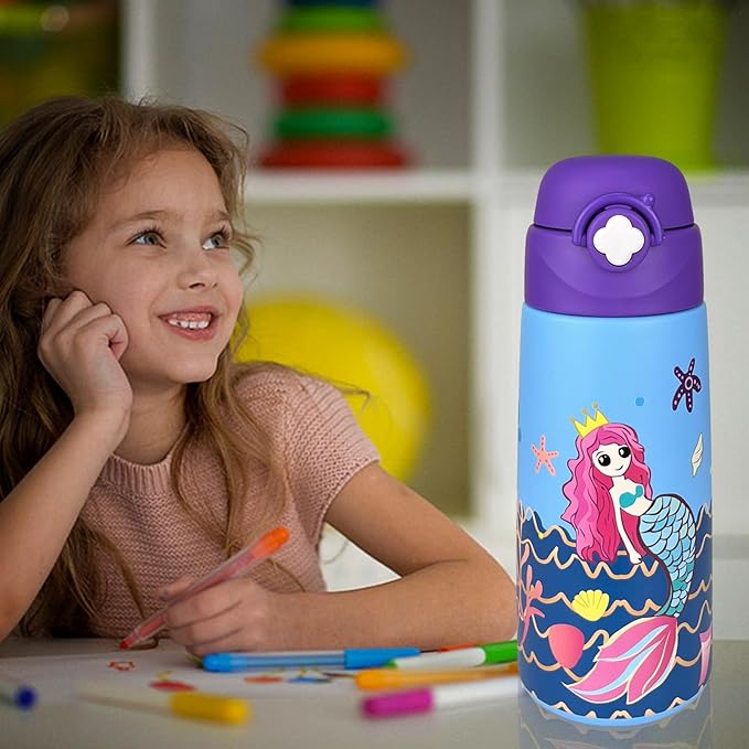 Kids Insulated Water Bottle with Covered Pop-Up Straw,16oz Kids Cups with Stainless Steel Leak Proof for School Boys Girls（Mermaid）