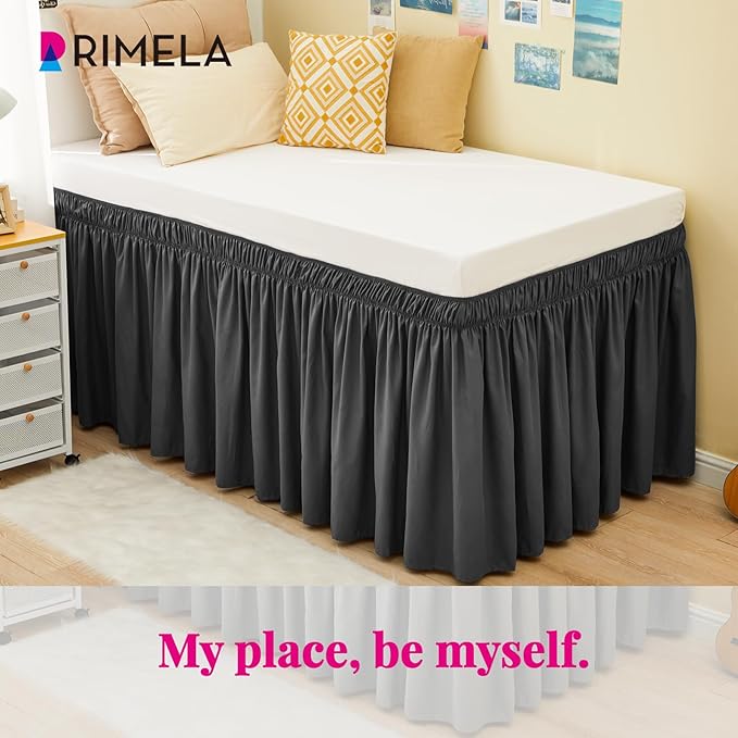 RIMELA Dark Grey Bed Skirt Twin 32 Inch Drop Silky Luxurious Fabric, Wrinkle and Fade Resistant with Adjustable Elastic Belt Easy to Install Machine Washable Dust Ruffles Bedskirt