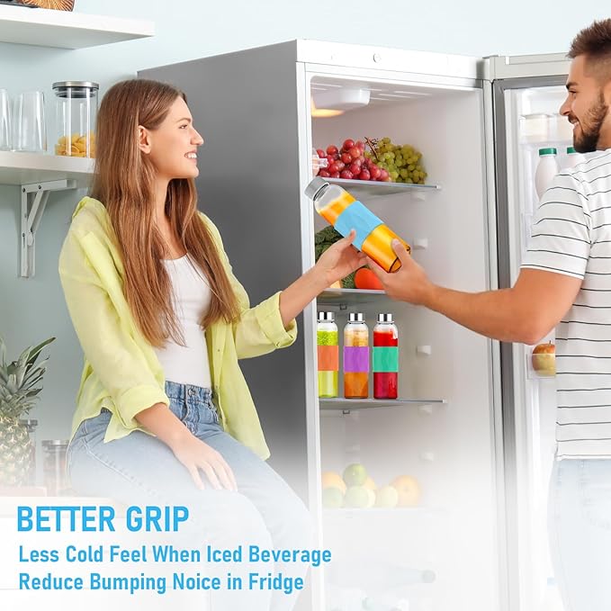 Clear Glass Water Bottles with Silicone Sleeve and Lids 18 oz, Reusable Glass Juice Bottles with Stainless Steel Airtight Cap for Juicing, Leak Proof Drinking Bottles, BPA Free, Set of 3, OPR