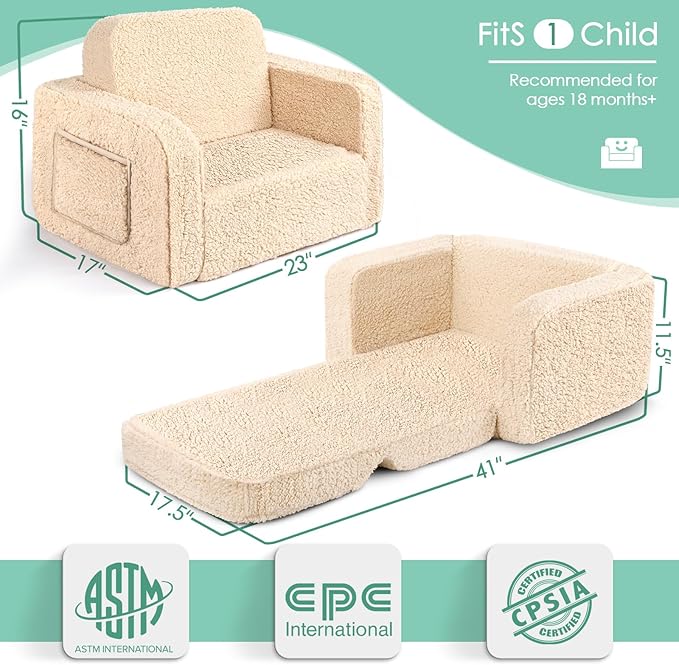 ACRABROS Kids Couch Toddler Chair: Sofa Bed Fold Out for Girls Boys Beige