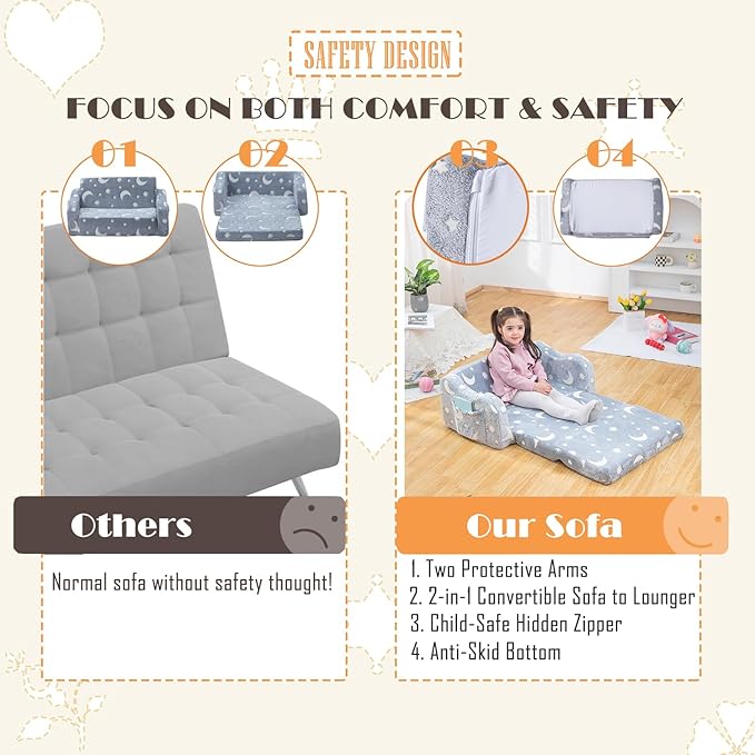 Baby Toddler Sofa Couch for Kids Extra Wide 2-in-1 Foldable Toddler Fold Out Couch Bed for Playroom, Pull Out Children Convertible Sofa to Lounger for Boys & Girls with Double Pockets, Grey Moon