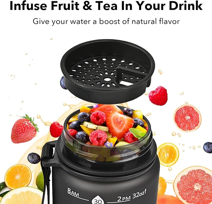 GOSWAG 32oz Motivational Water Bottles with Time Marker and Fruit Strainer, Sports Water Bottle with Times to Drink, Leakproof, Reusable Plastic Bottle with Strap no Straw for Gym, School