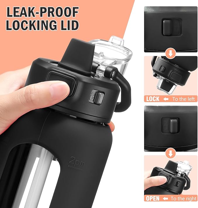 Kodrine Water Bottle With Straw and Carry Handle, Glass Water Bottle 24 oz Leak Proof Locking Lid with Soft Silicone Spout, Small Clear Water Bottle, Travel Sports Water Jug, Time Marker, Black