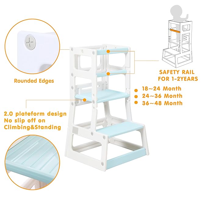 SDADI Mother's Helper Adjustable Height Plastic Kitchen Step Stool for Children, Kids Toddlers Counter Level Learning Stool for Kitchen & Bathroom,Beige and Blue