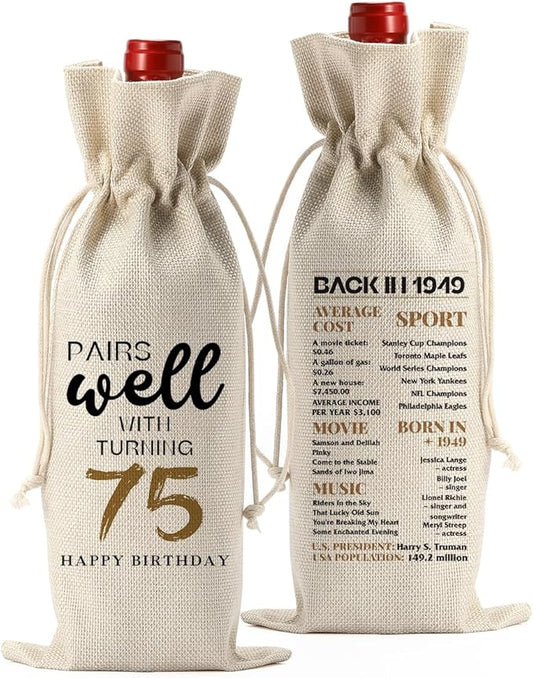 75th Birthday Gifts for Women Men, Gifts for 75 Year Old Man Woman Grandparents Wine Gift Bag, Wine Accessories Gifts Anniversary 75th Birthday Decorations Wine Bag Wine Bags for Wine Bottles Gifts