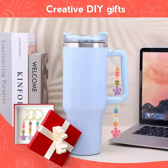 Mity rain 4 Pack Letter Charm Accessories for Stanley Cup, 4 PCS Charm Chains and 400PCS DIY Letter Beads, Letter Handle Charm Designed for Stanley Tumbler Handle Decorations (Silver)