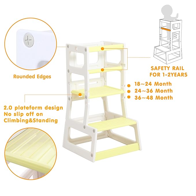 SDADI Mother's Helper Adjustable Height Plastic Kitchen Step Stool for Children, Kids Toddlers Counter Level Learning Stool for Kitchen & Bathroom, Beige and Yellow