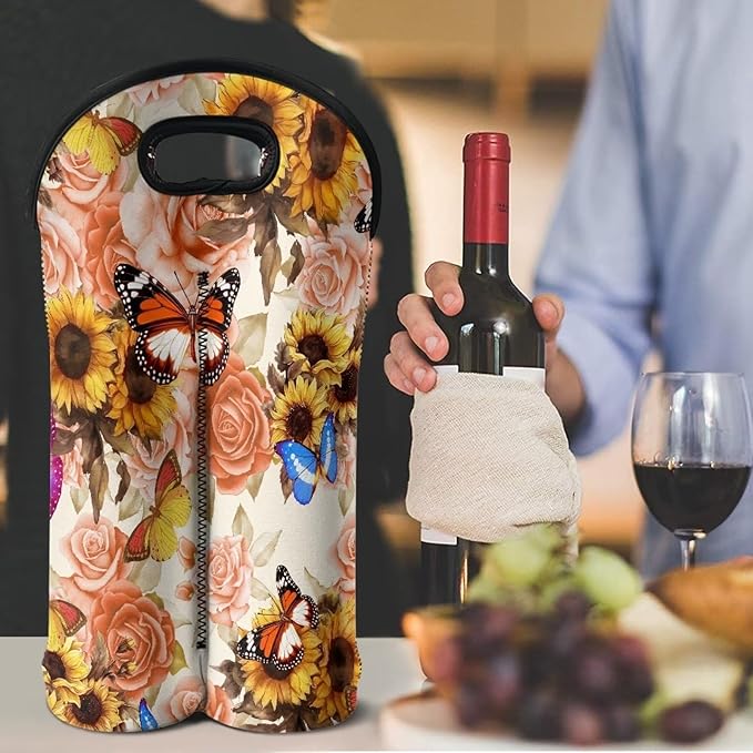 doginthehole Rose Butterfly Wine Bag Two Bottles Wine Bottle Carriers Tote Sunflower Print Wine Carrying Cooler Tote Bag Reusable Wine Bottle Protector Neoprene Protective Sleeve
