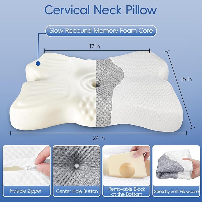 H HOKIZU Cervical Neck Pillow for Pain Relief, Ergonomic Contour Memory Foam Pillow for Side,Back,Stomach Sleepers, Orthopedic Pillow for Neck Pain Relief (White, 24"x14"x5")