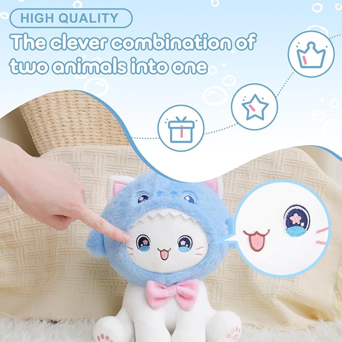 Cute Shark Cat Plush Toy 10" Kawaii Kitten Stuffed Animal, Cat Shark Plushie Pillow Gift for Kids