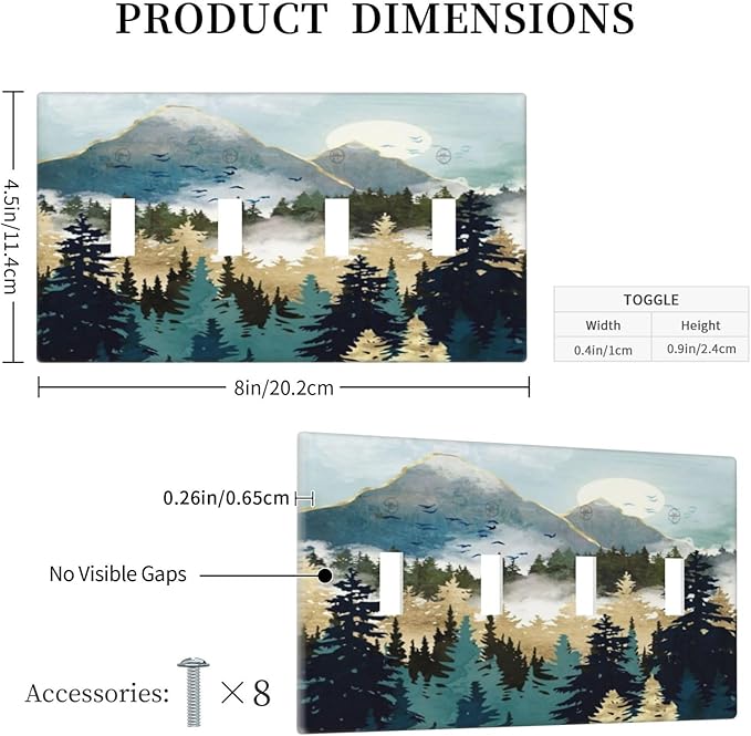 Boho Mountain Forest Abstract Sunset Sunrise Sun Quad Toggle Light Switch Covers 4 Gang Wall Plate Decorative Switchplate Electrical Faceplate for Country Bathroom Bedroom Decor