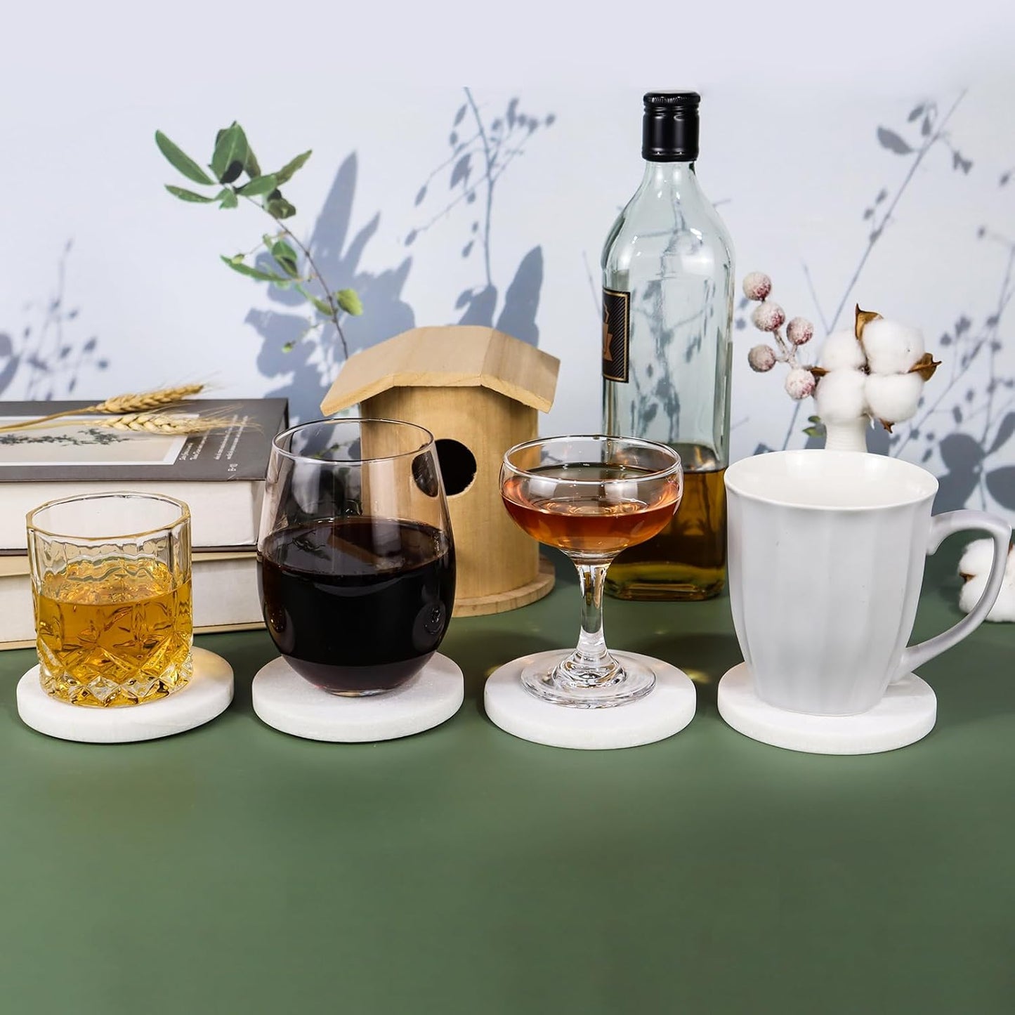 Pure White Marble Coasters Without Particles, Set of 4 - Natural Marble Stone Drink Coaster with Protective Silicone Feet, 4 inch Diameter, 0.4 inch Thick - Heat-Resistant Coasters for Coffee Table