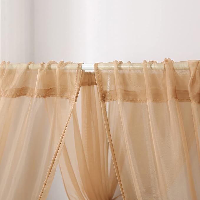 Princess Chiffon Bed Canopy, Canopy Curtains for Queen Bed Adults, 4 Post Bed Drapes Room Decor(Light Coffee)