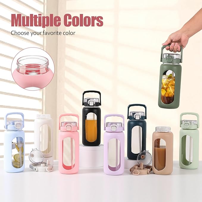 BLUEGO 64 oz Glass Water Bottle, Drinking Water Bottle with Handle and Straw, Half Gallon Motivational Water Bottle with Silicone Sleeve and Time Marker, Sports Water Bottle, BPA Free Pink