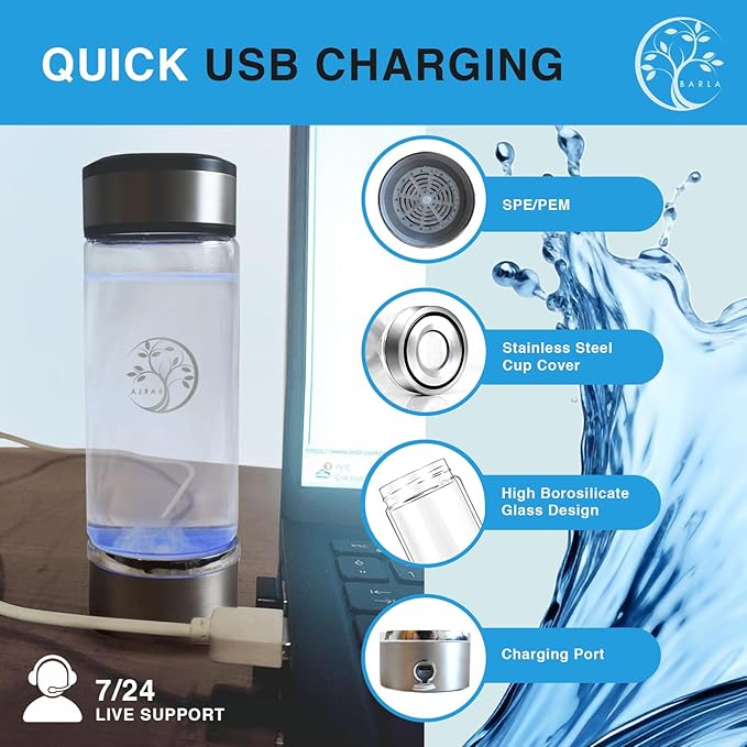 BARLA- 2024 Hydrogen Water Bottle Generator - Rechargeable Hydrogen Water Pitcher - Portable Atmospheric Health Bottles - Hydro Water Ionizer 3min Quick- Echo SPE PEM Technology with Gold Gift Box
